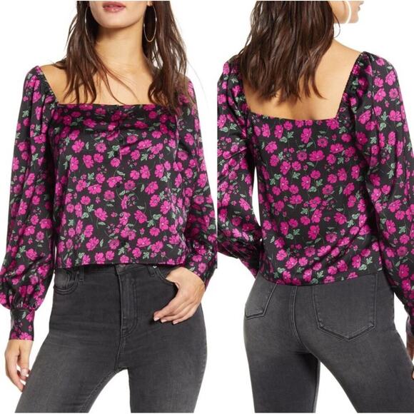 Leith Silky Floral Square Neck Blouse Small Black Long Balloon Sleeve - Picture 1 of 7